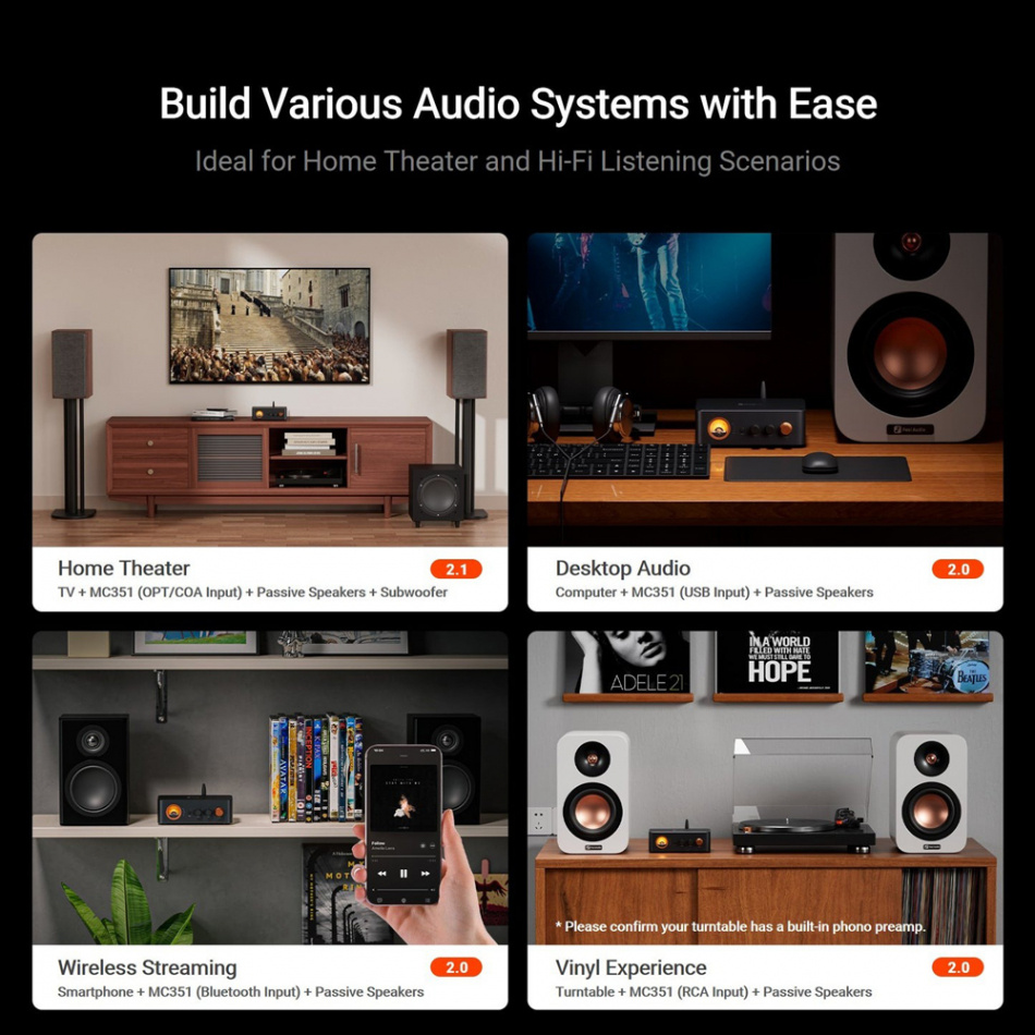 Fosi Audio MC351-48V stereoforsterker med Bluetooth, DAC og subtrinn
