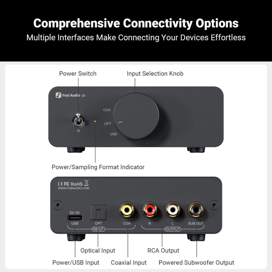 Fosi Audio Q6 kompakt DAC med subwooferutgang
