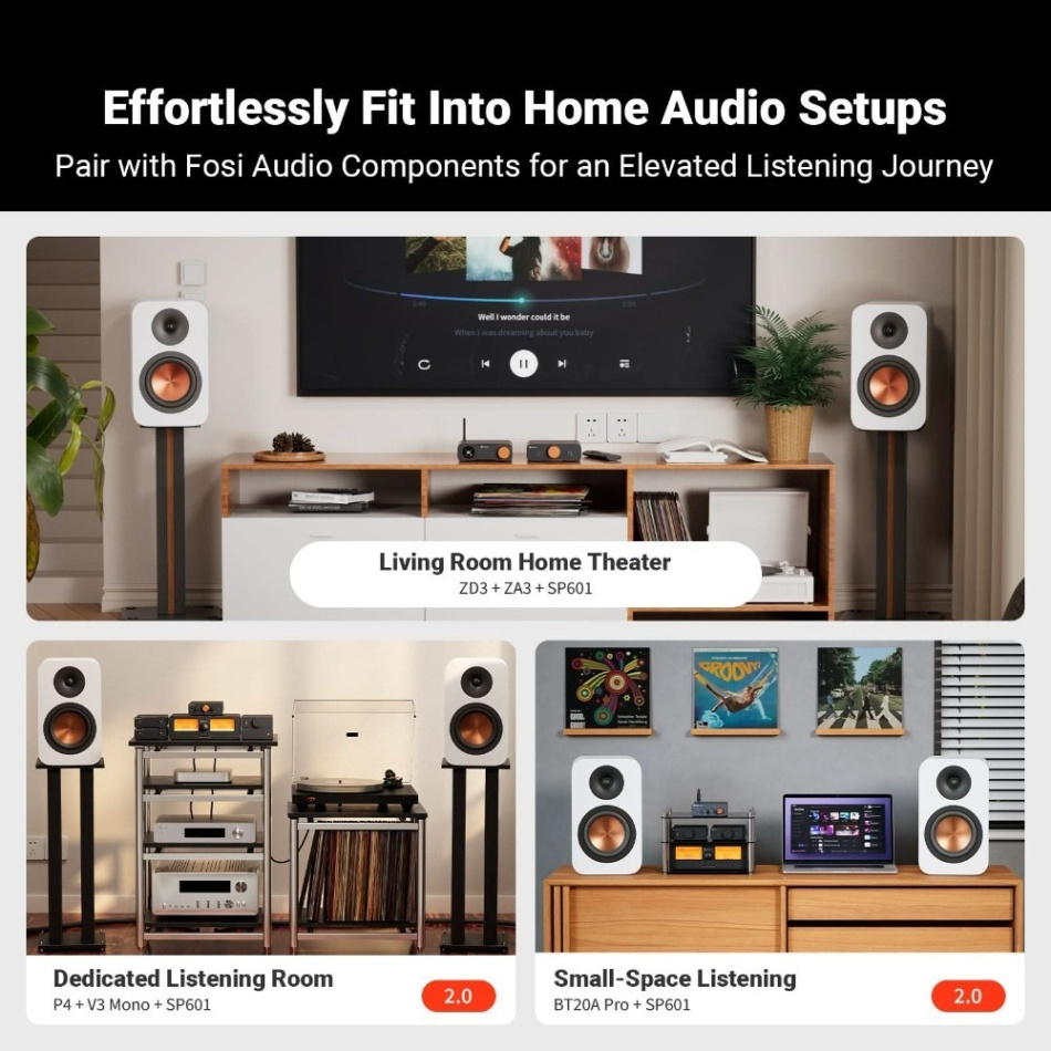 Fosi Audio SP601 stativhøyttalere, hvitt par