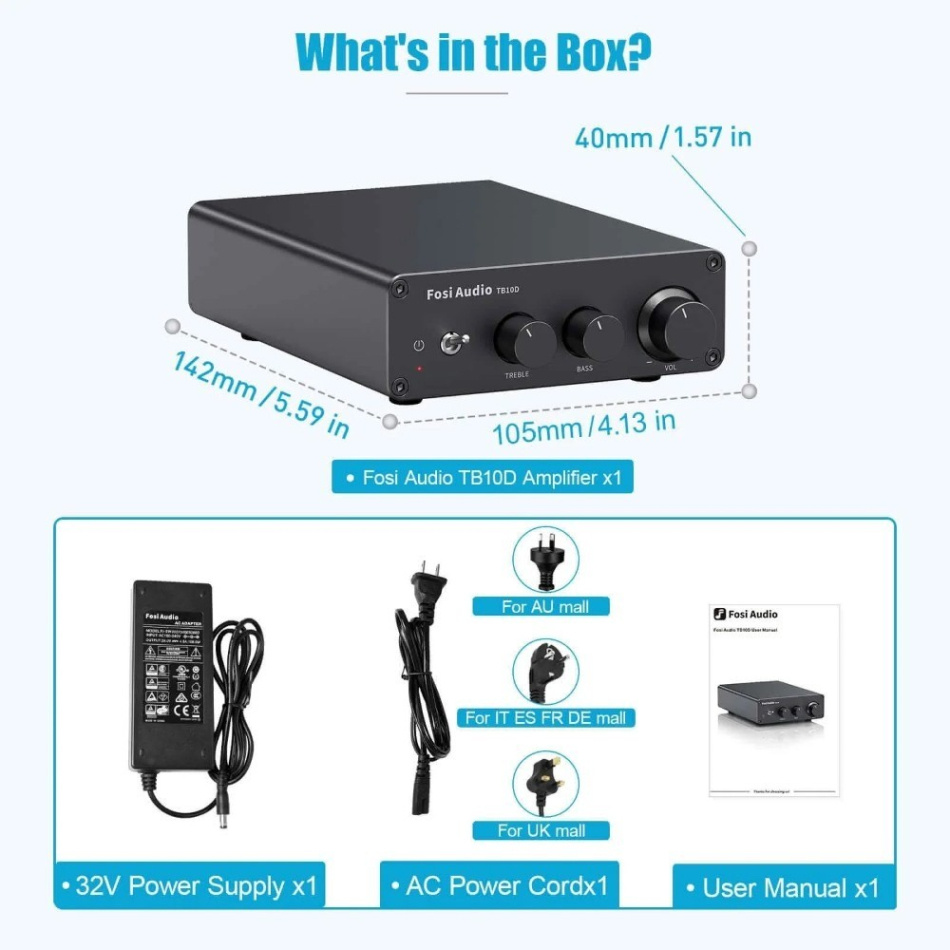 Fosi Audio TB10D kompakt stereoforsterker med 32V strømforsyning