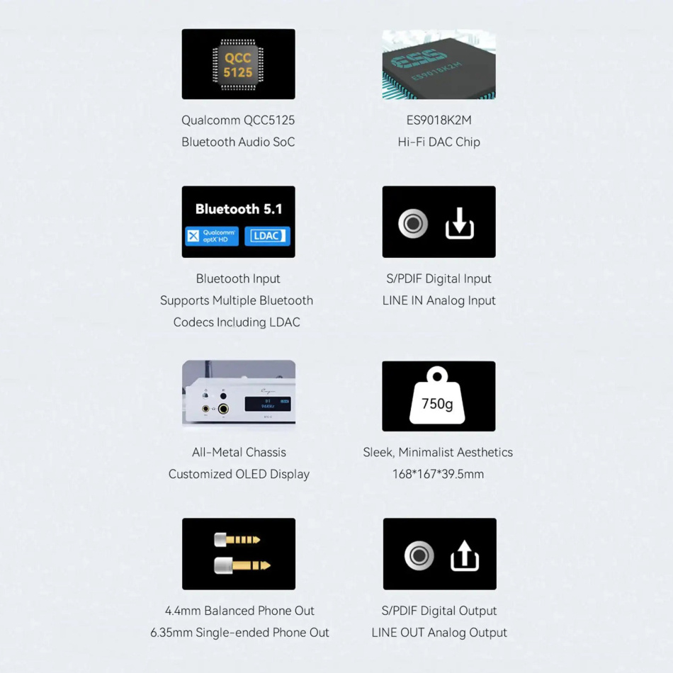 Cayin BTC-2 hodetelefonforsterker med DAC & Bluetooth, sølv