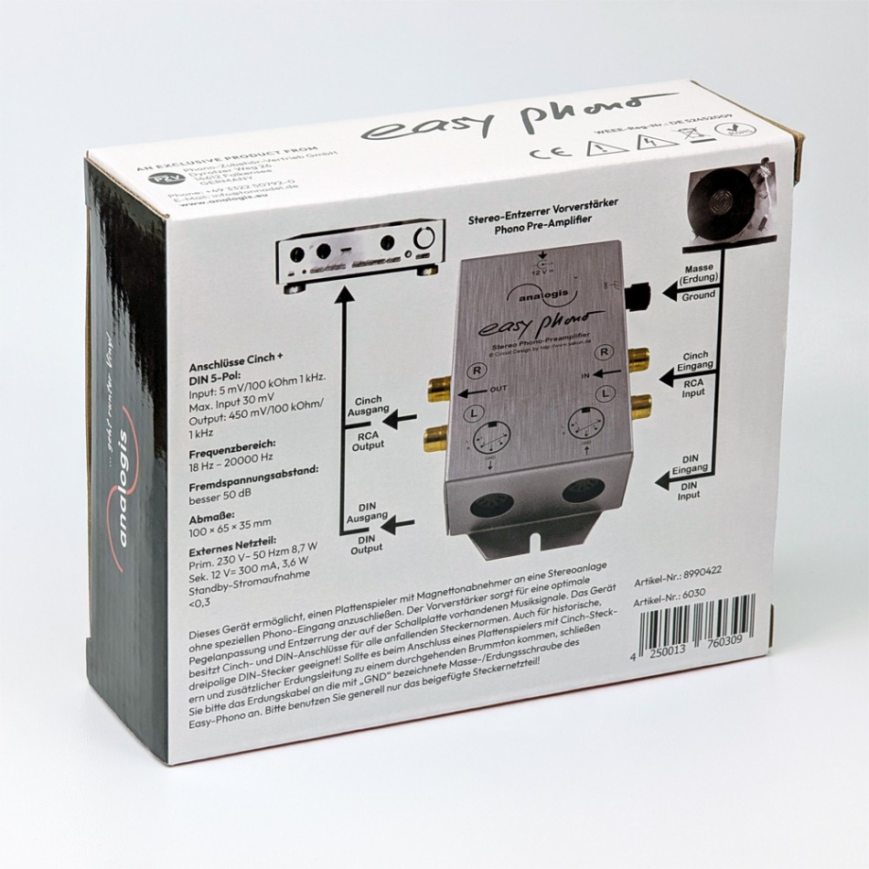 Analogis Easy Phono RIAA-trinn med DIN & RCA