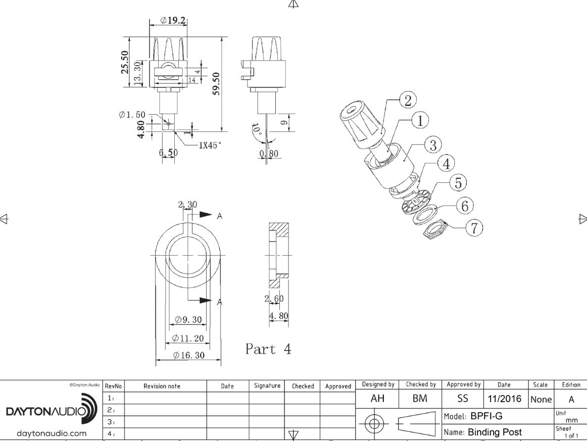 Dayton Audio BPFI-G chassis-kontakter, 2-pakning
