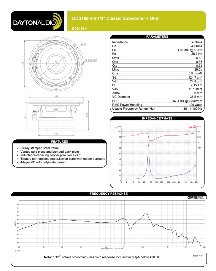 Dayton Audio DCS165-4 høyttalerelement basselement