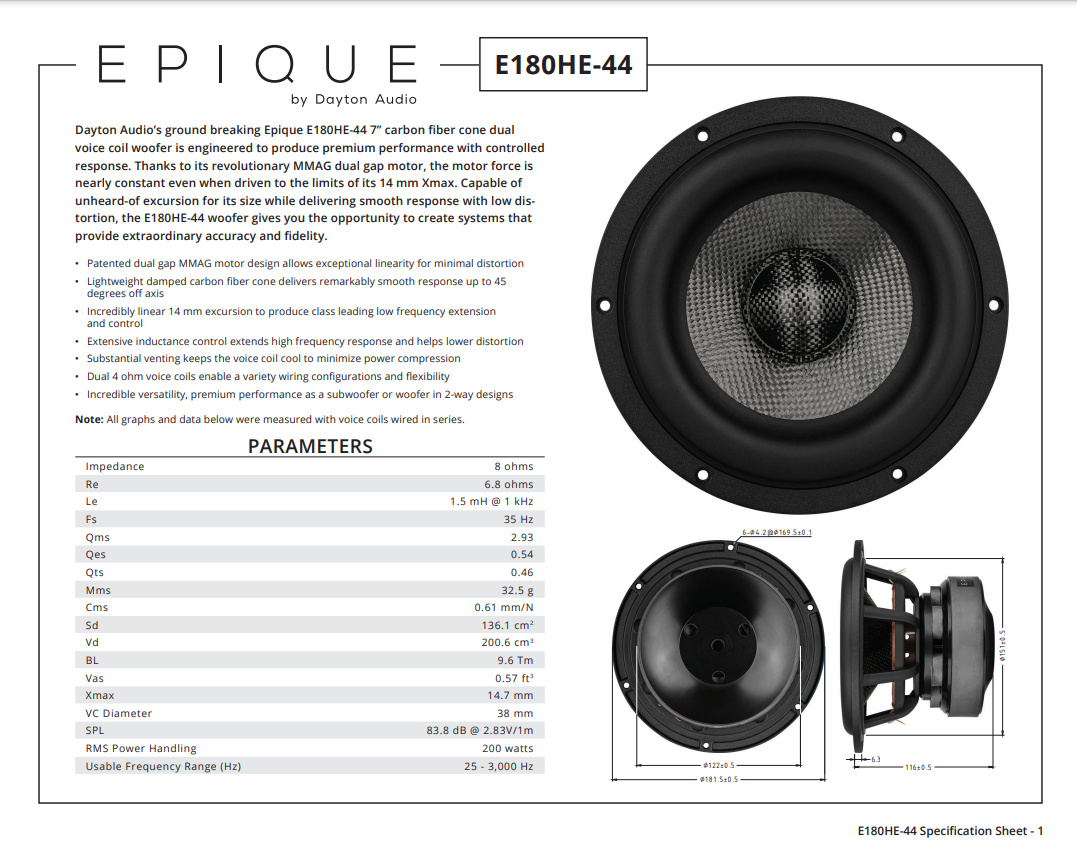 Dayton Audio Epique E180HE-44 høyttalerelement mellomtone/basselement