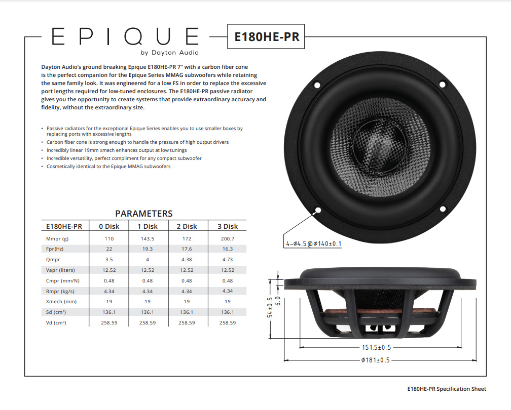 Dayton Audio E180HE-PR høyttalerelement passiv radiator