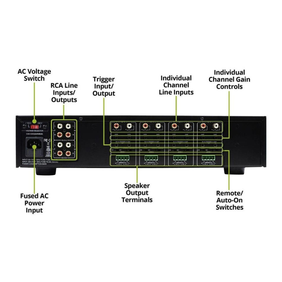 Dayton Audio MA880 multiromforsterker, 8-kanaler inkl. rackører