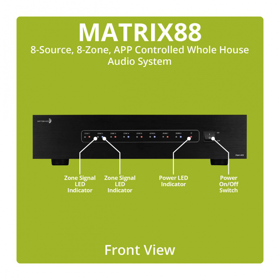 Dayton Audio Matrix88 multiromforforsterker med 8 soner og nettverksstreaming