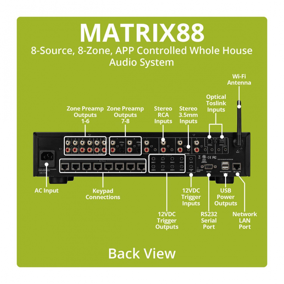Dayton Audio Matrix88 multiromforforsterker med 8 soner og nettverksstreaming
