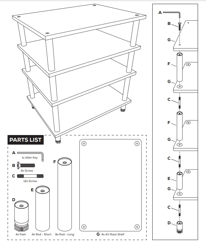 Dayton Audio MS41B, modulært HiFi-rack med fire plan