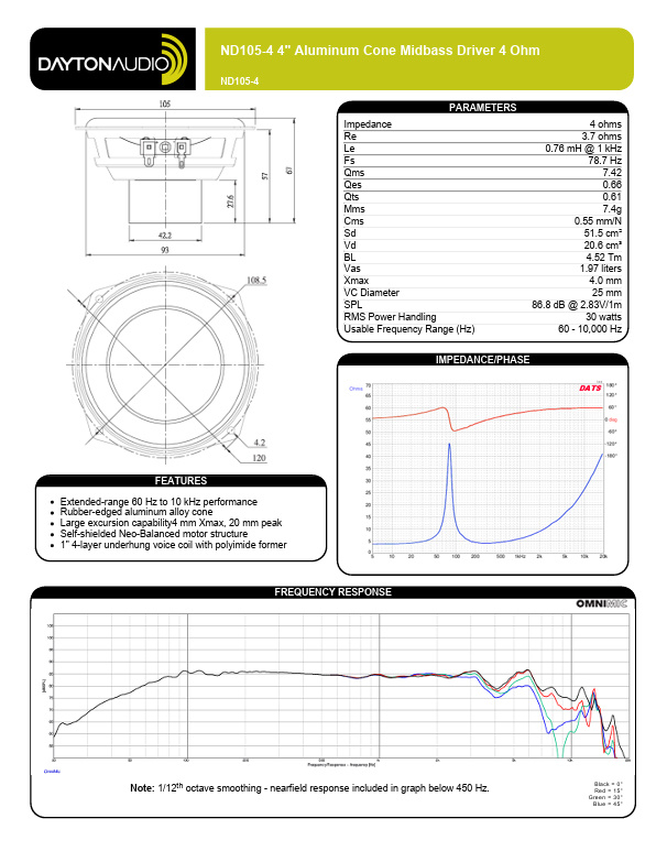 Dayton Audio ND105-4 høyttalerelement mellomtone/basselement