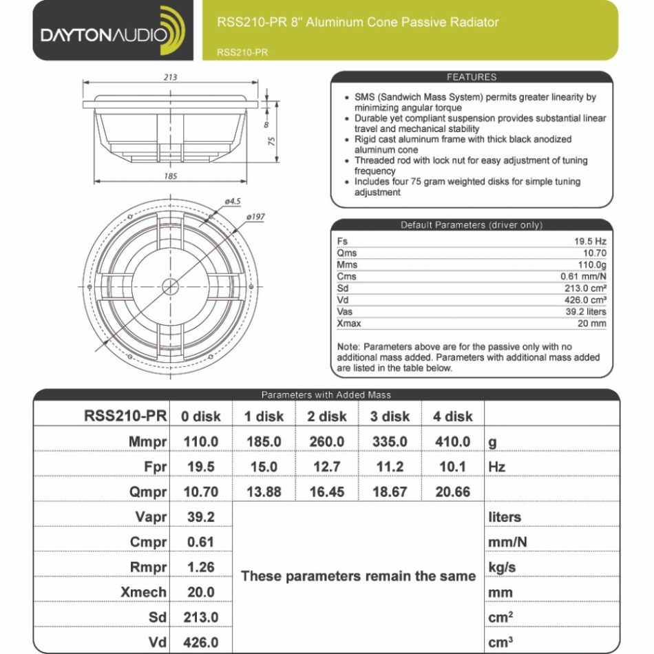 Dayton Audio RSS210-PR høgtalarelement slavbass i aluminium