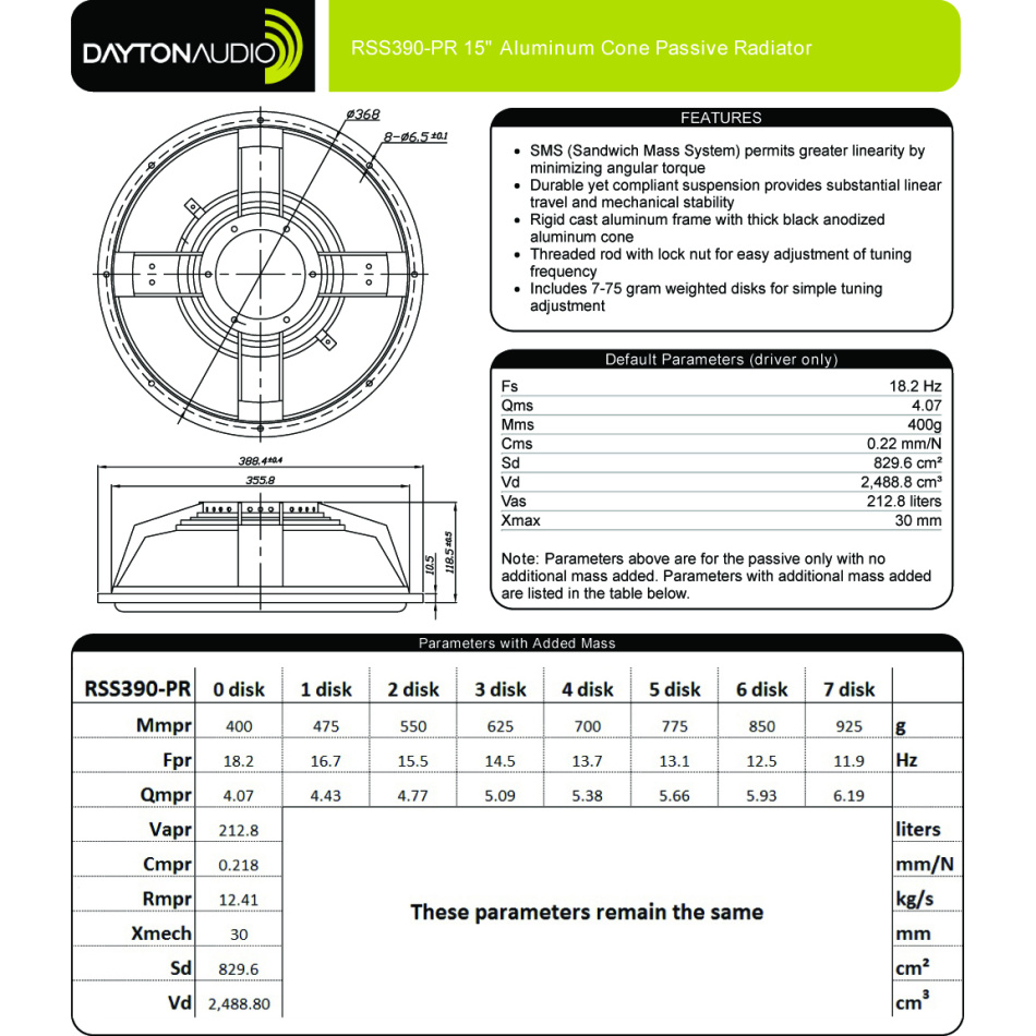 Dayton Audio RSS390-PR passiv radiator med aluminiumkon