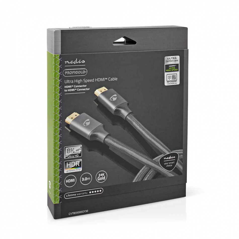 Nedis CVT-B35, HDMI-kabel med Ethernet og 8K metallgrå