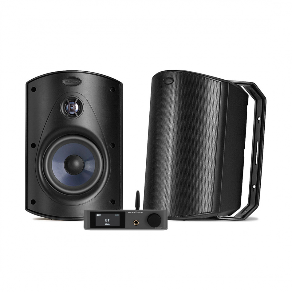 Dynavoice CA802BT & Polk Audio Atrium 6 svarte utendørshøyttalere stereopakke