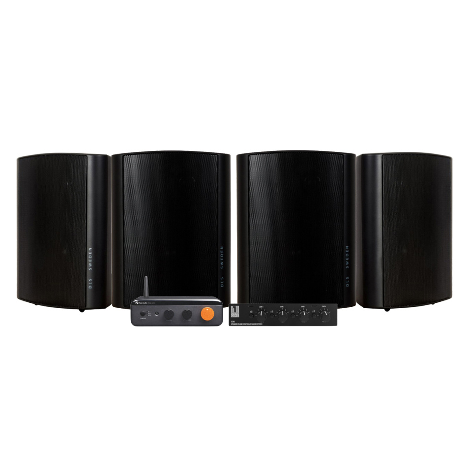 Fosi Audio BT20 Max med SC4B & 2 par DLS MB6i svarte utendørshøyttalere
