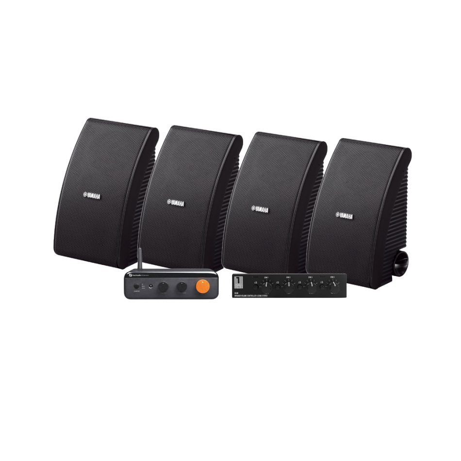Fosi Audio BT20A Max med SC4B & 2 par Yamaha NS-AW392 svarte utendørshøyttalere