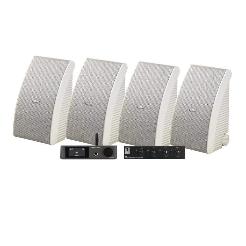 Dynavoice CA802BT med SC4B & 2 par Yamaha NS-AW592 hvite utendørshøyttalere