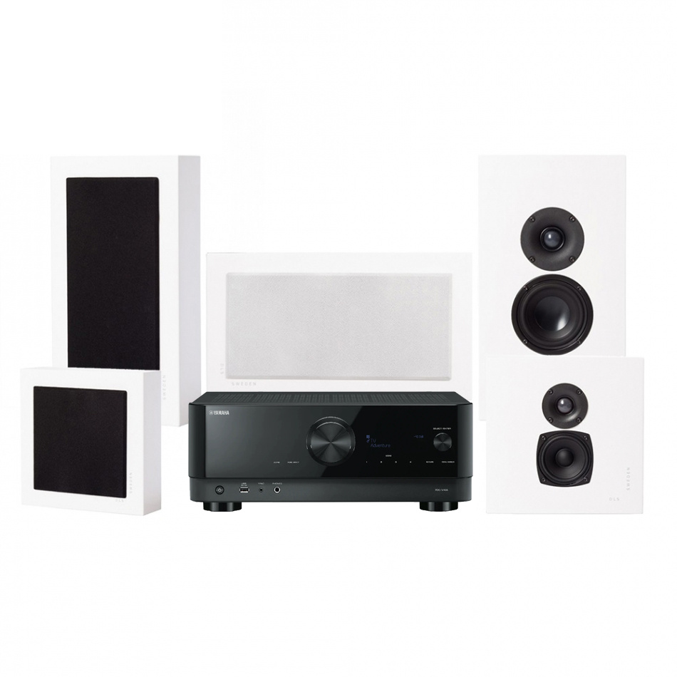 Yamaha RX-V4A & DLS Flatbox Midi hjemmekinopakke 5.0 Hvit