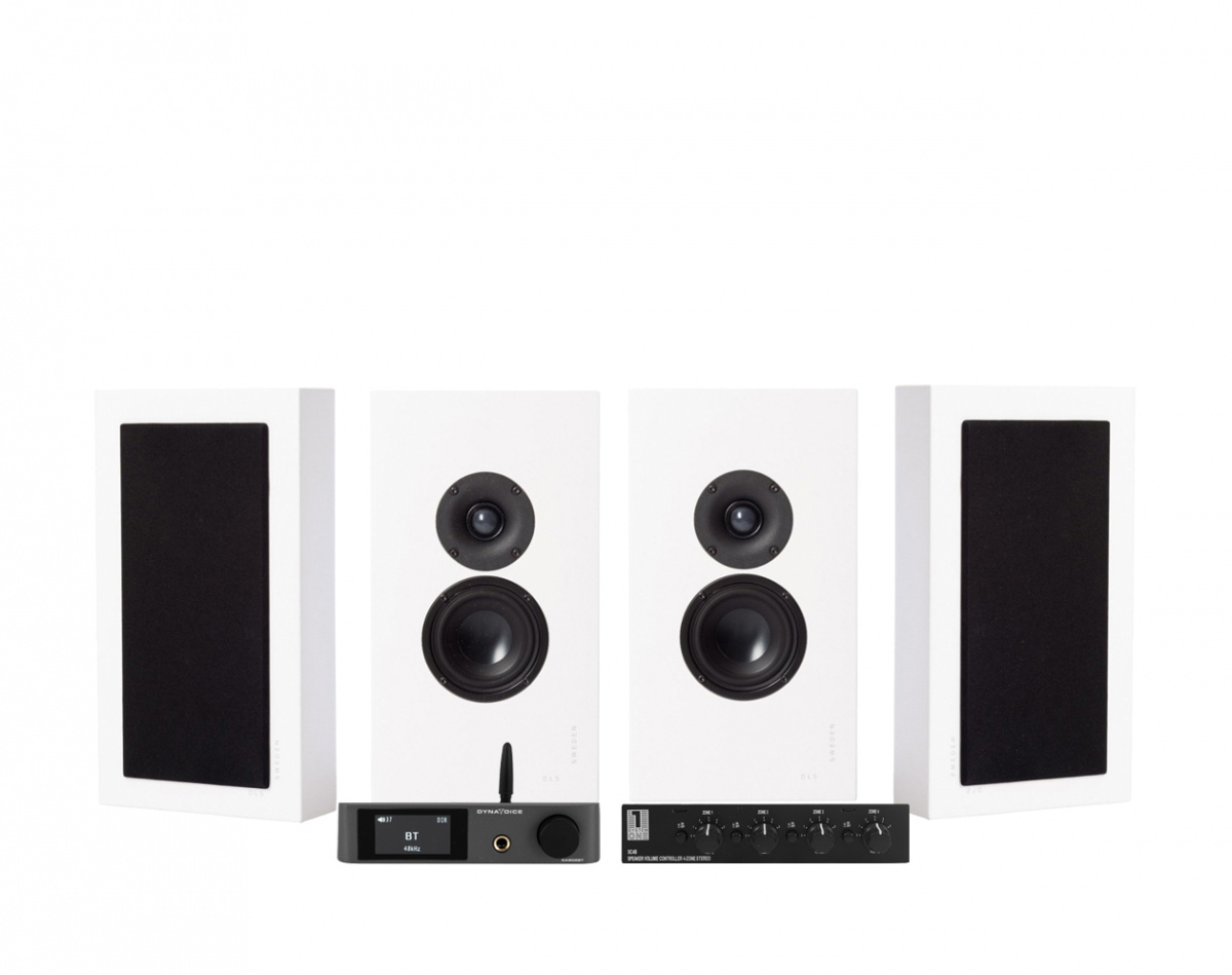 Dynavoice CA802BT med SC4B og 2 par DLS Flatbox Midi hvite vegghøyttalere