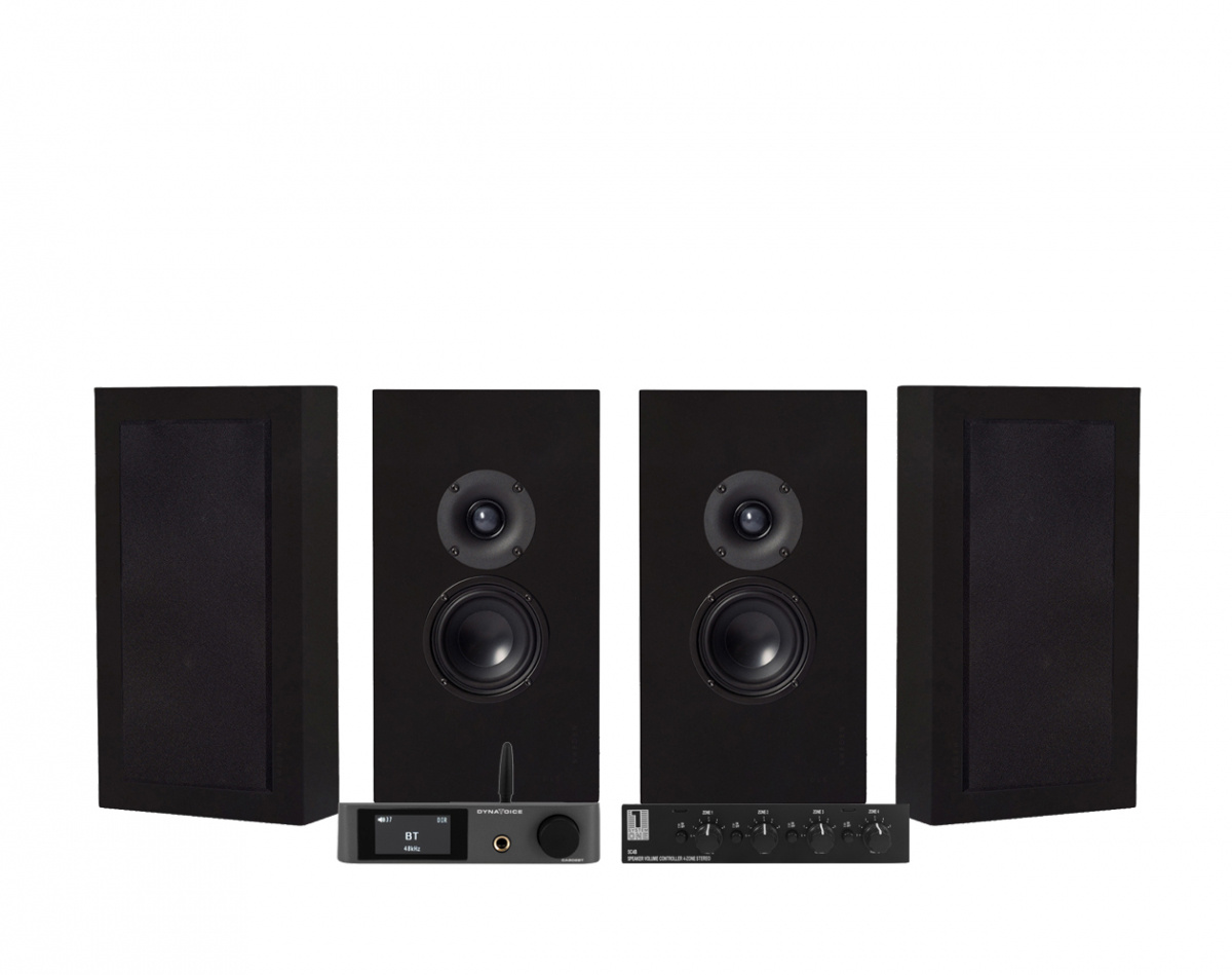 Dynavoice CA802BT med SC4B og 2 par DLS Flatbox Midi svarte vegghøyttalere