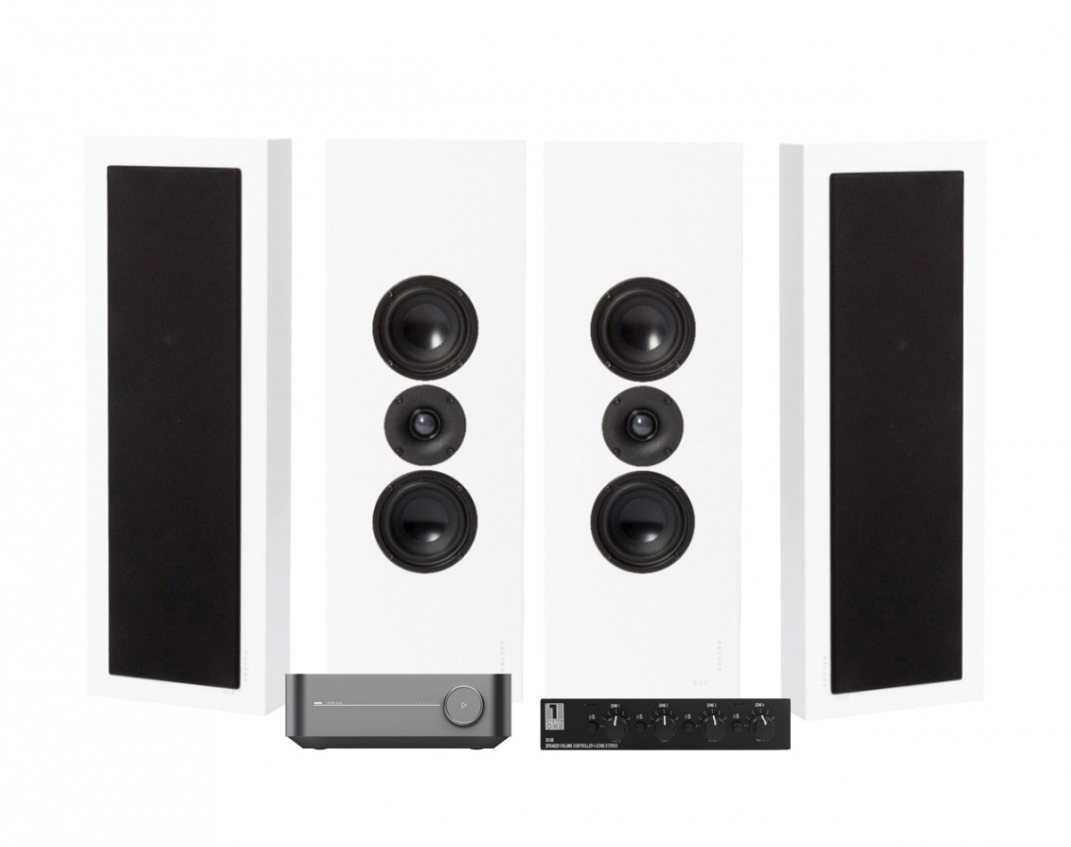 Wiim Amp med SC4B og 2 par DLS Flatbox XL hvite vegghøyttalere