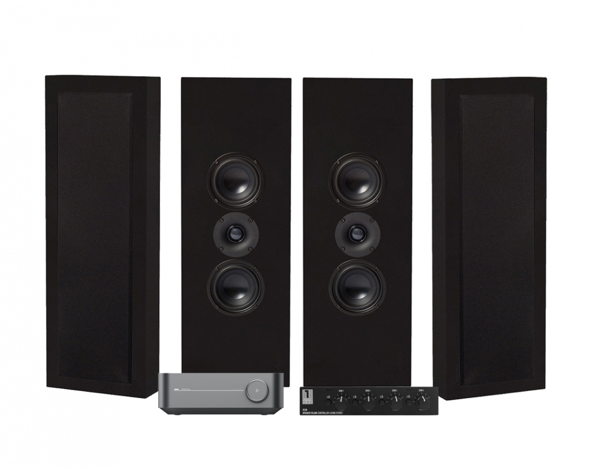 Wiim Amp med SC4B og 2 par DLS Flatbox XL svarte vegghøyttalere