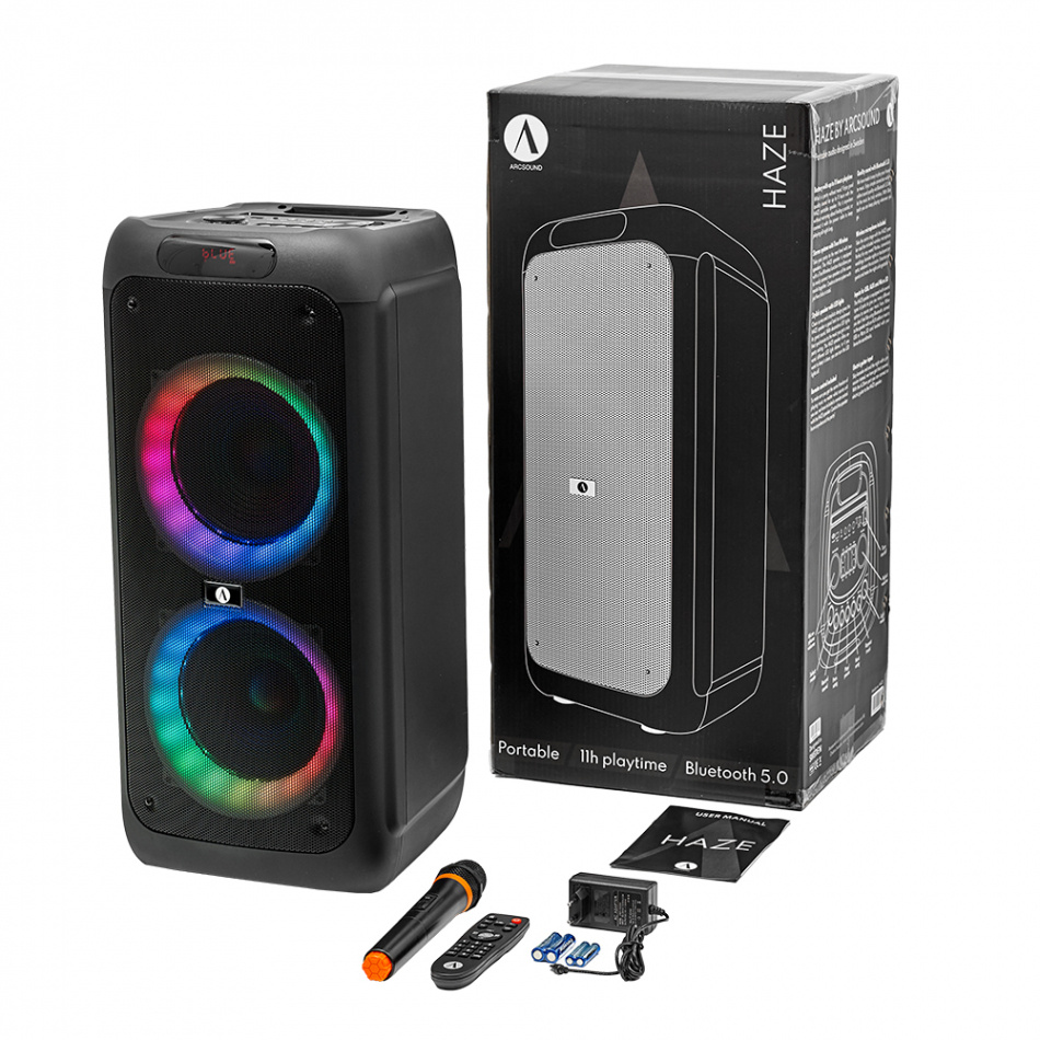 Arcsound HAZE (gen.2), bærbar partyhøyttaler med trådløs mikrofon & Bluetooth, 2-PACK