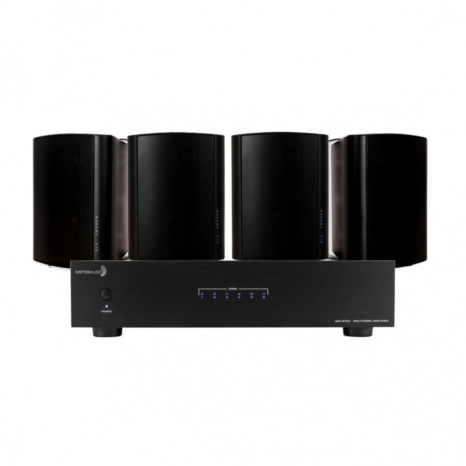 Dayton Audio MA1240a & 2 par DLS MB5i Svarte Utendørshøyttalere
