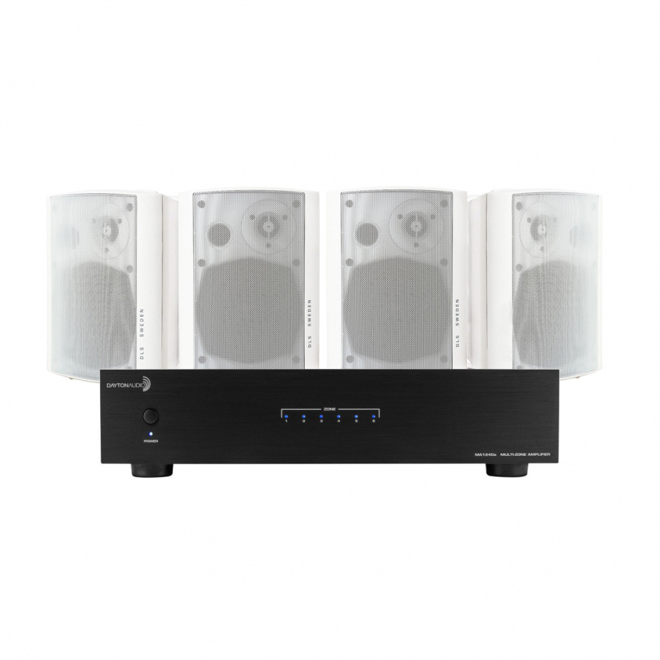 Dayton Audio MA1240a & 2 par DLS MB5i Hvite Utendørshøyttalere
