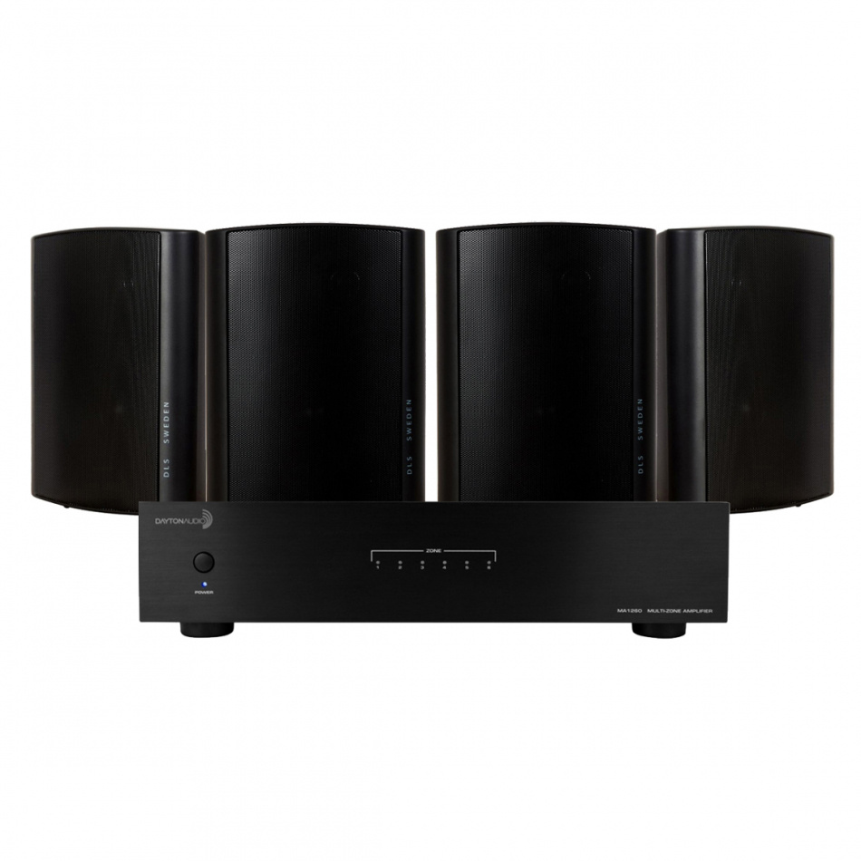Dayton Audio MA1260 & 2 par DLS MB6i Svarte Utendørshøyttalere