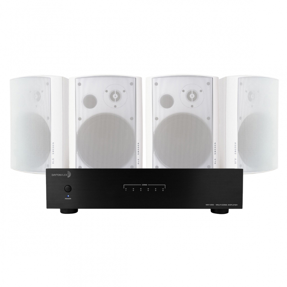 Dayton Audio MA1260 & 2 par DLS MB6i Hvite Utendørshøyttalere