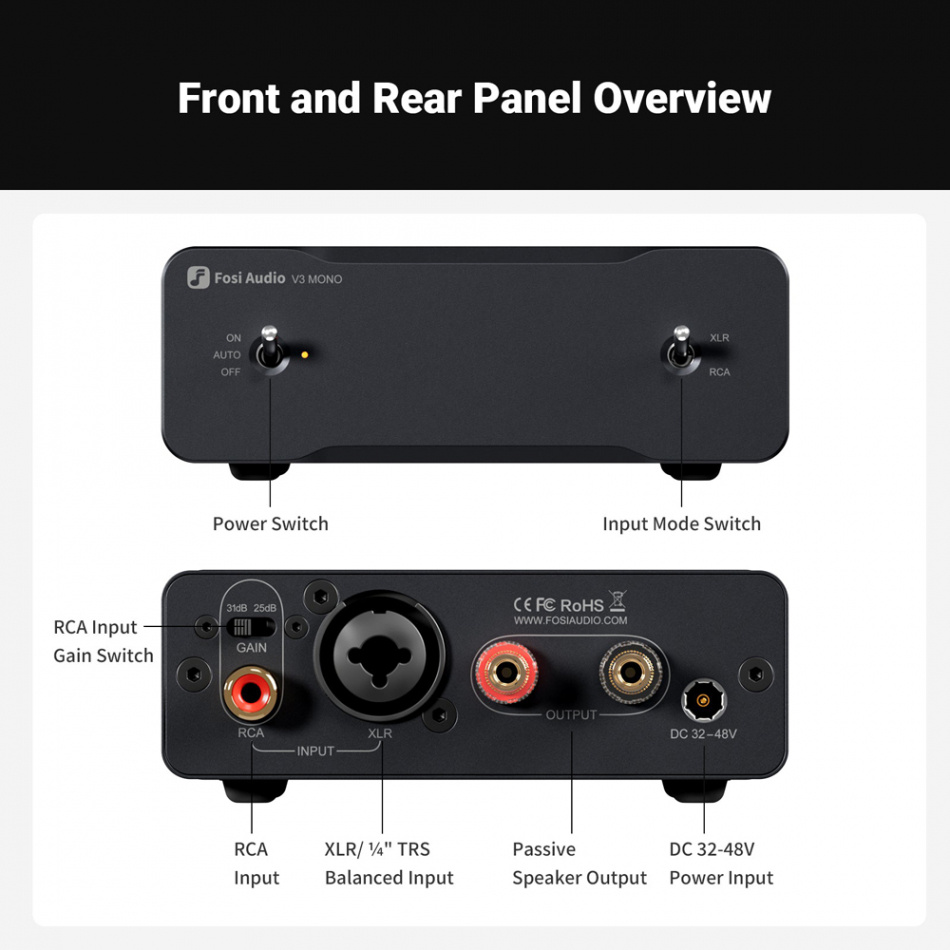 Fosi Audio P4 forforsterker med doble V3 Mono, kompakt stereokombo