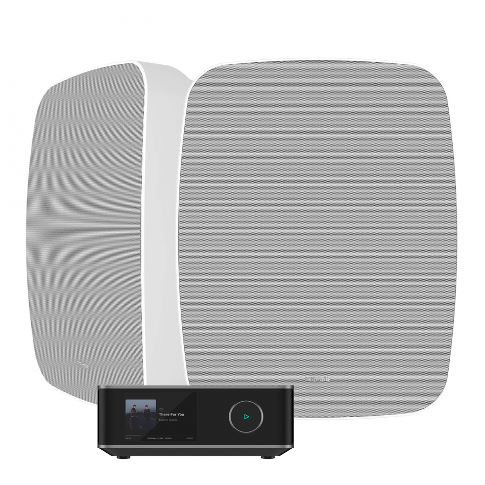 Wiim Amp Ultra & Klipsch RSM-800 hvite utendørshøyttalere stereopakke