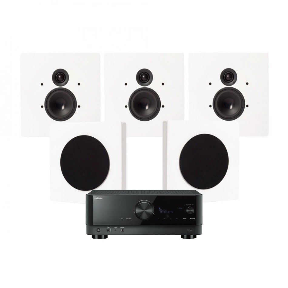 Yamaha RX-V6A & DLS Flatbox D-One hjemmekinopakke 5.0 pianohvit
