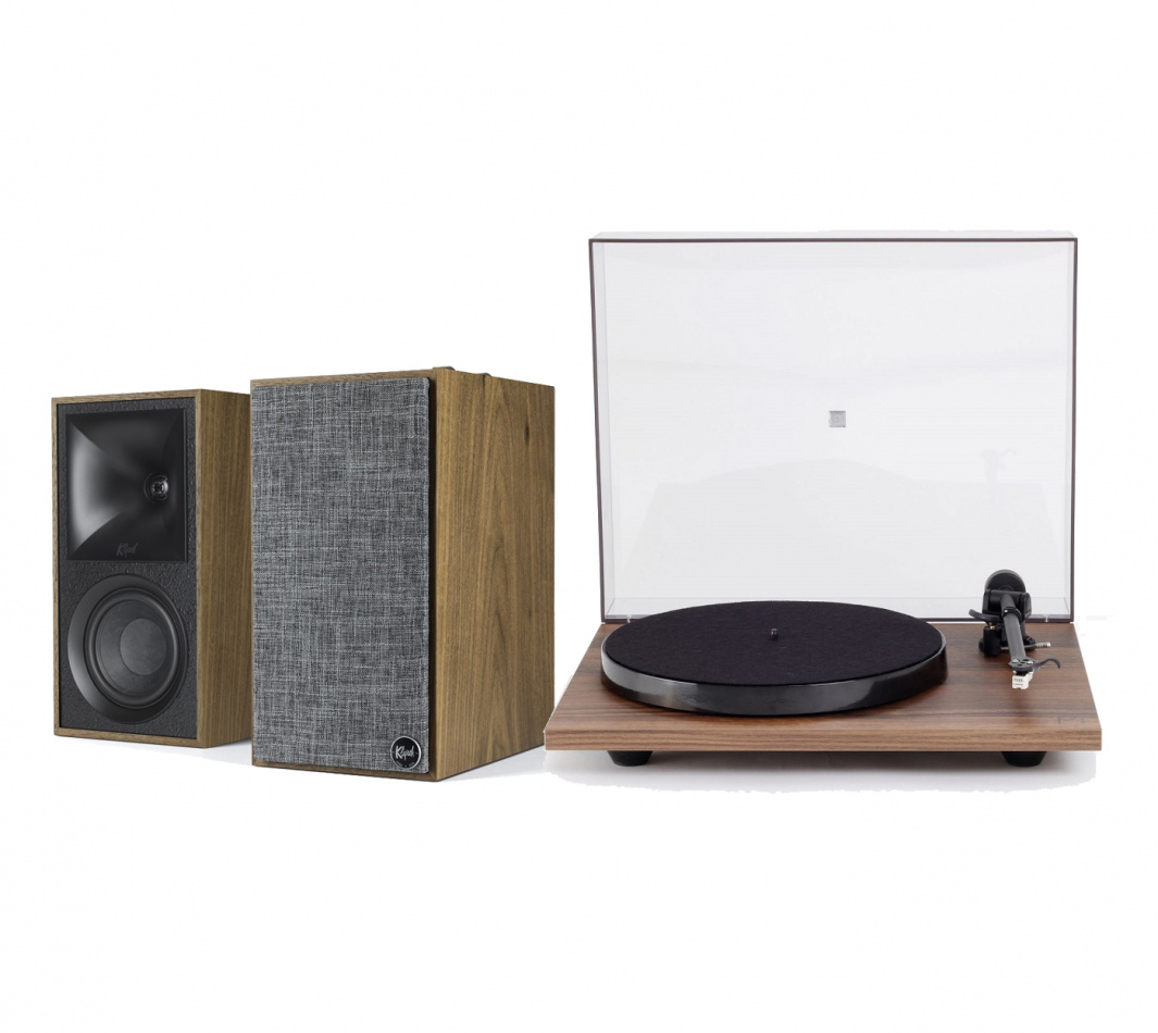 Klipsch The Fives & Rega Planar 1 Carbon platespillerpakke, valnøtt